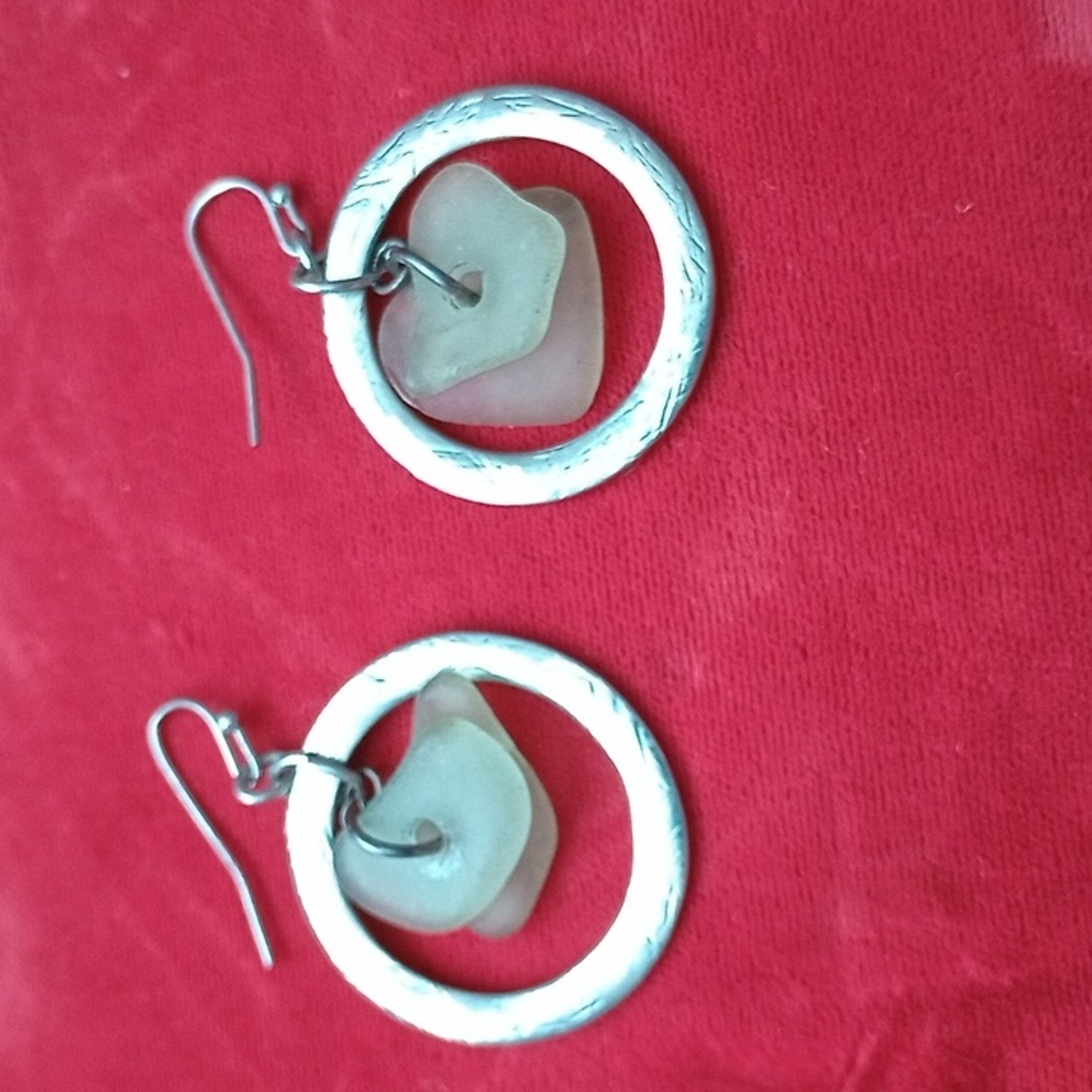 Handmade Silvertone Dangle Earrings w/ Sea Glass